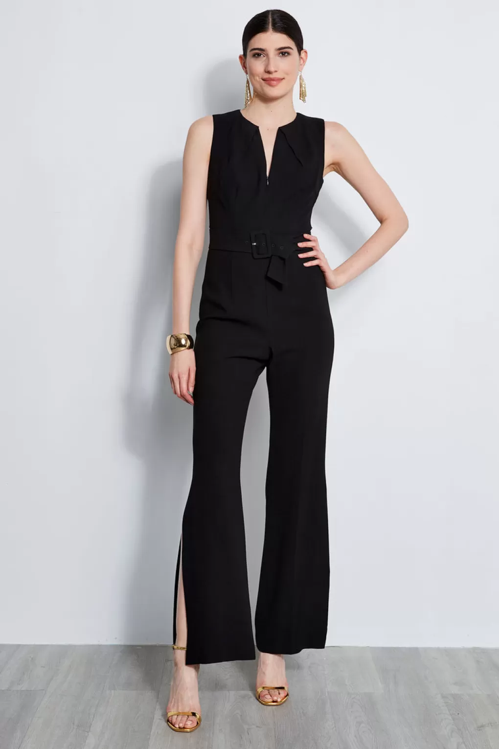 Cheap Elie Tahari Belted Slit Jumpsuit BLACK