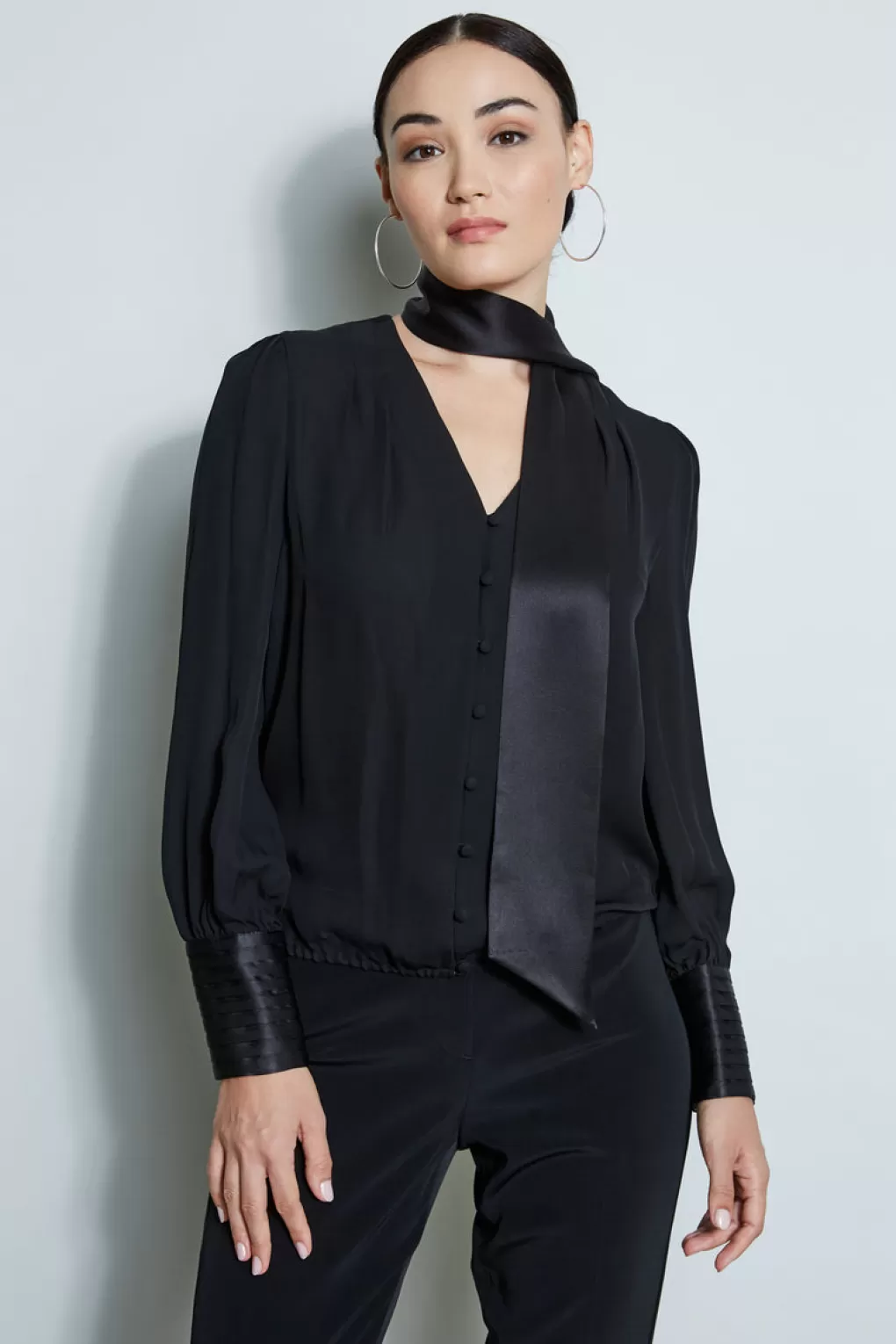 Shop Elie Tahari Blouson Satin Tie Shirt BLACK