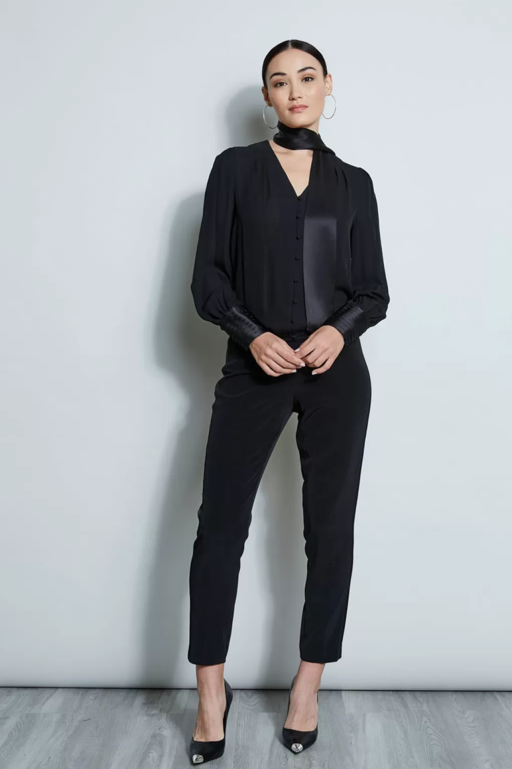 Shop Elie Tahari Blouson Satin Tie Shirt BLACK