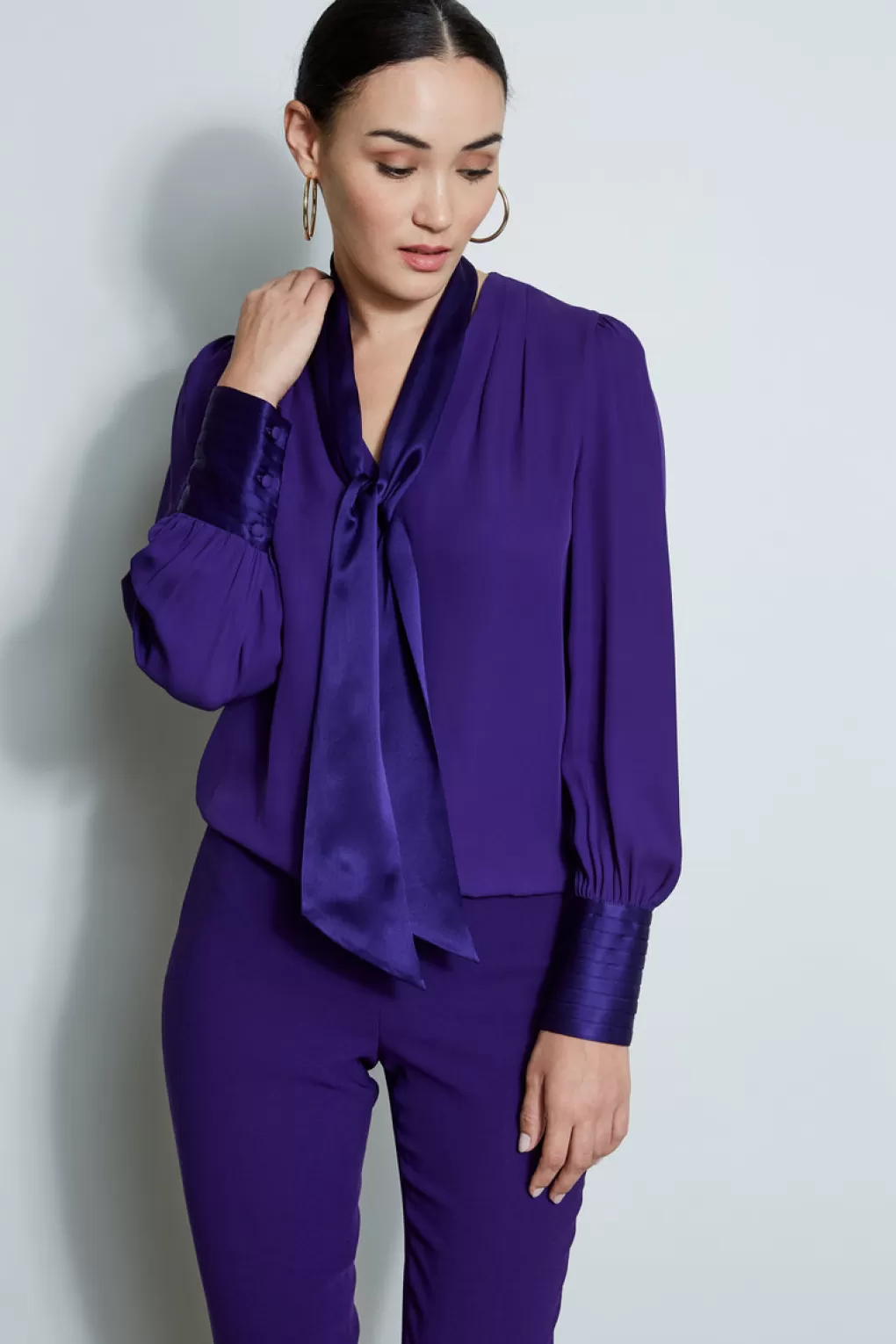 Shop Elie Tahari Blouson Satin Tie Shirt WINTER PLUM