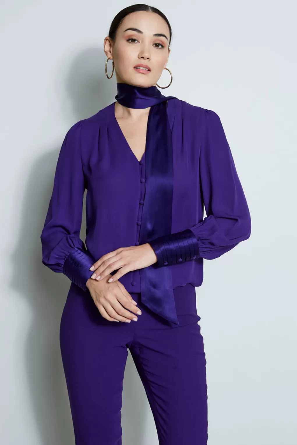 Shop Elie Tahari Blouson Satin Tie Shirt WINTER PLUM