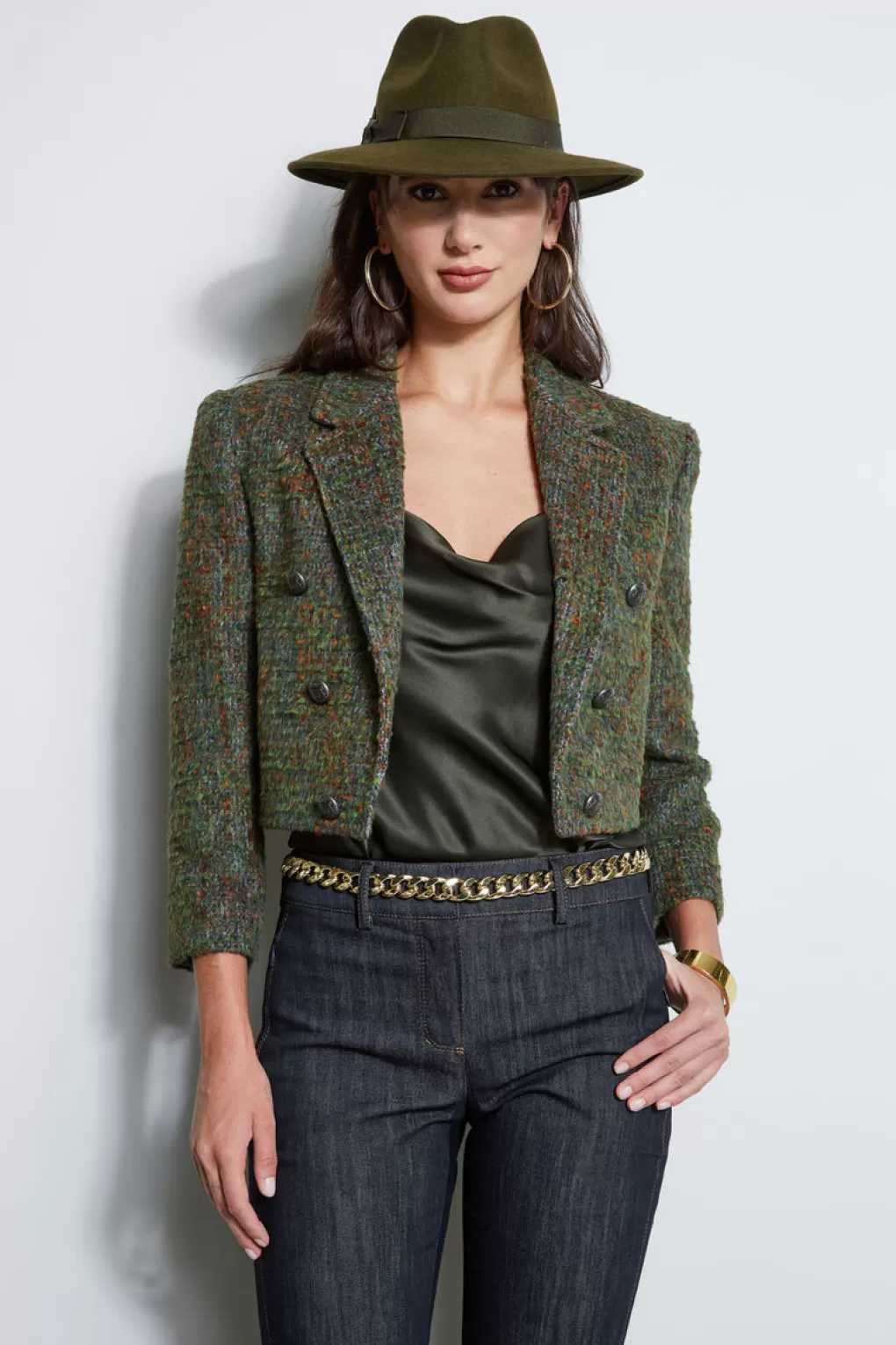 Discount Elie Tahari Boucle Tweed Cropped Jacket OLIVE MULTI