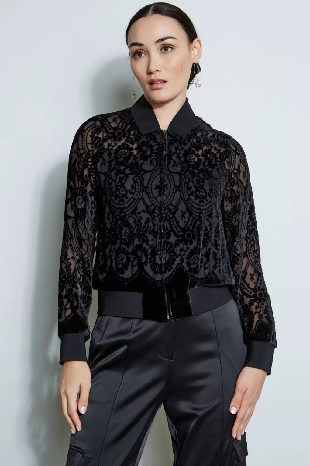 Online Elie Tahari Burnout Velvet Bomber Jacket BLACK