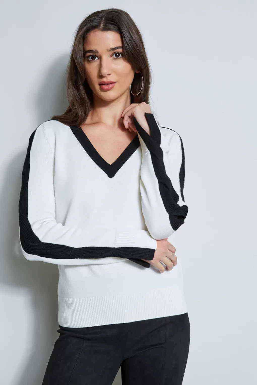 Outlet Elie Tahari Cable V-Neck Sweater SNOW