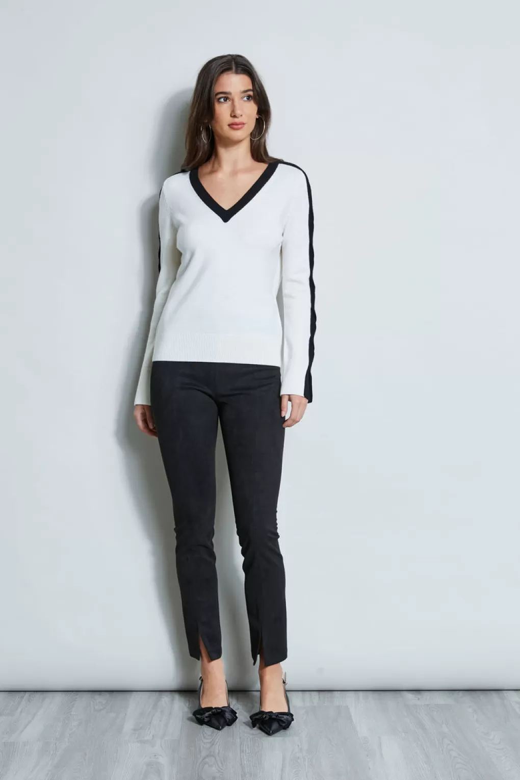 Outlet Elie Tahari Cable V-Neck Sweater SNOW