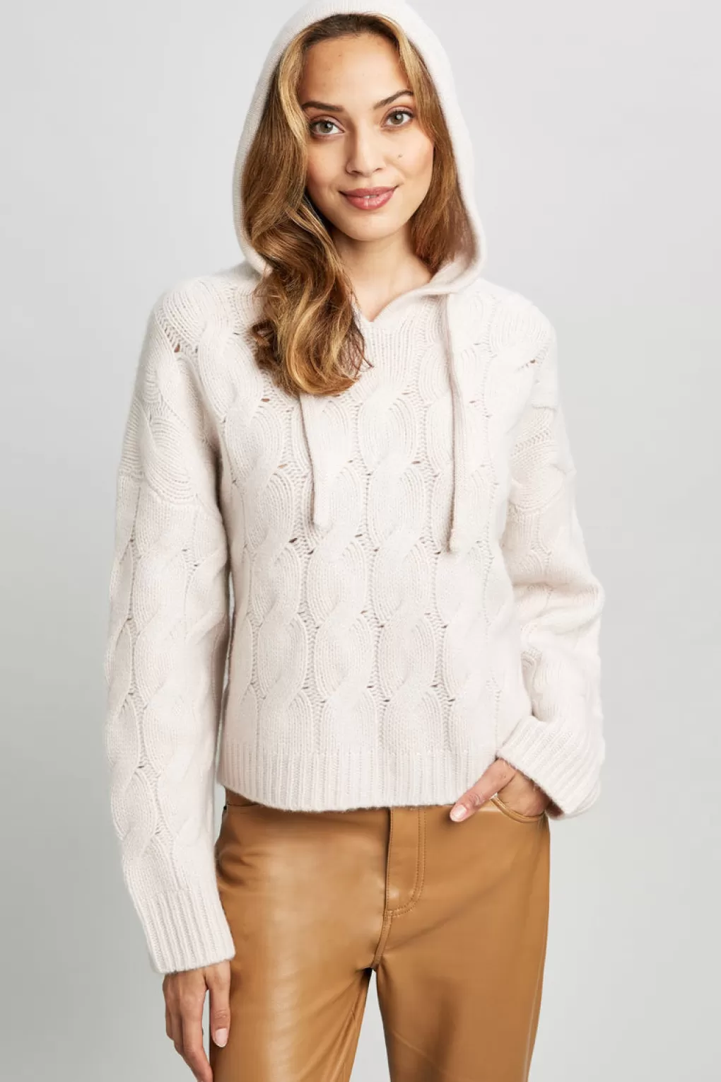 Outlet Elie Tahari Cashmere Cable Hooded Sweater Buttercream