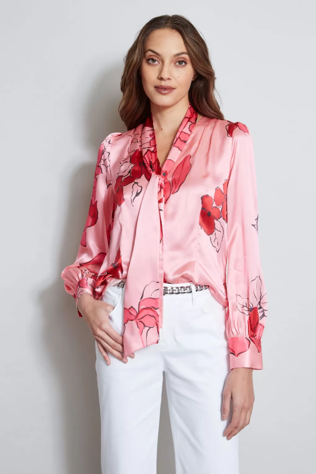 Cheap Elie Tahari Chelsea Floral Tie Neck Shirt WILD STRAWBERRY MULTI