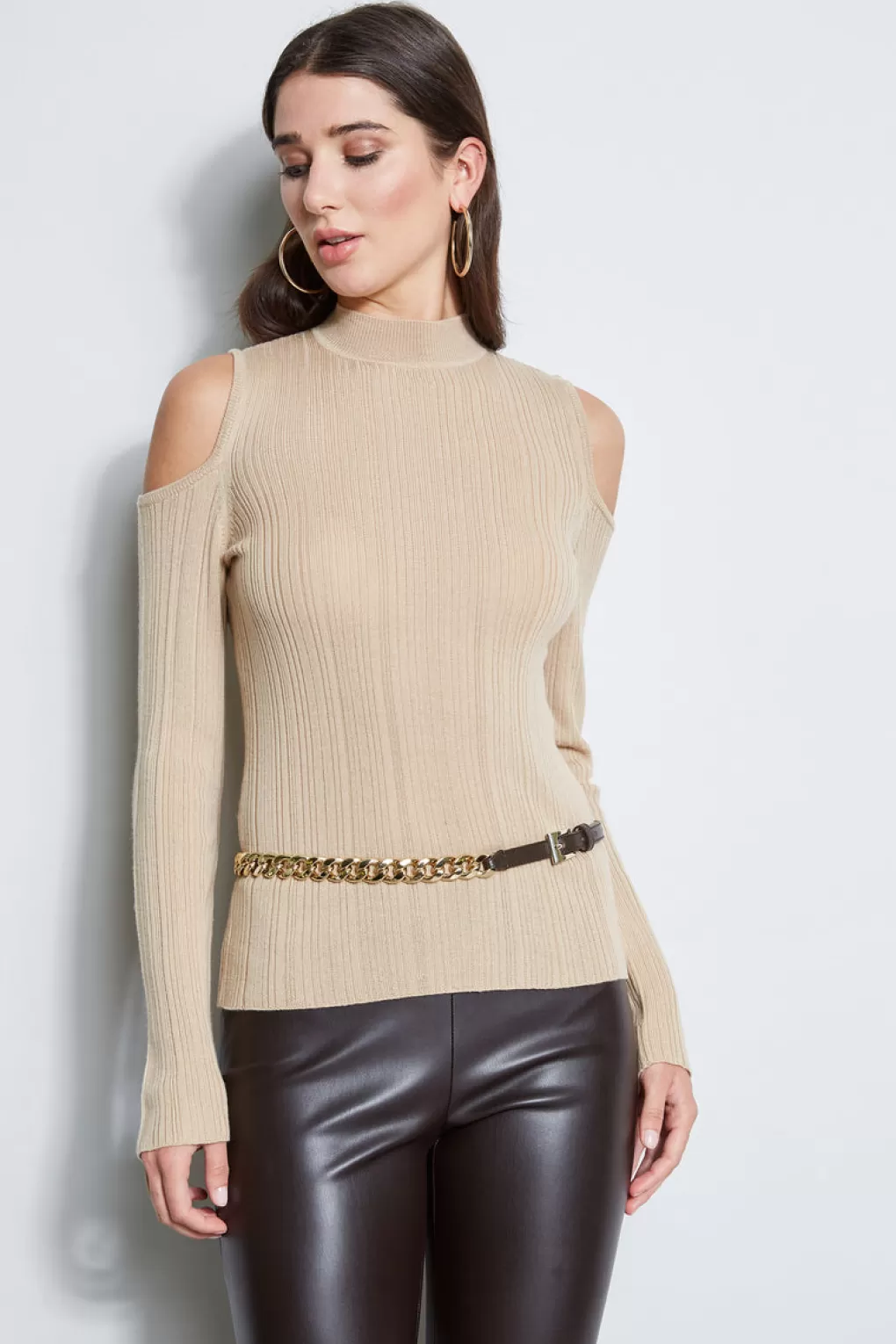 Hot Elie Tahari Cold Shoulder Mock Neck Sweater CAMEL