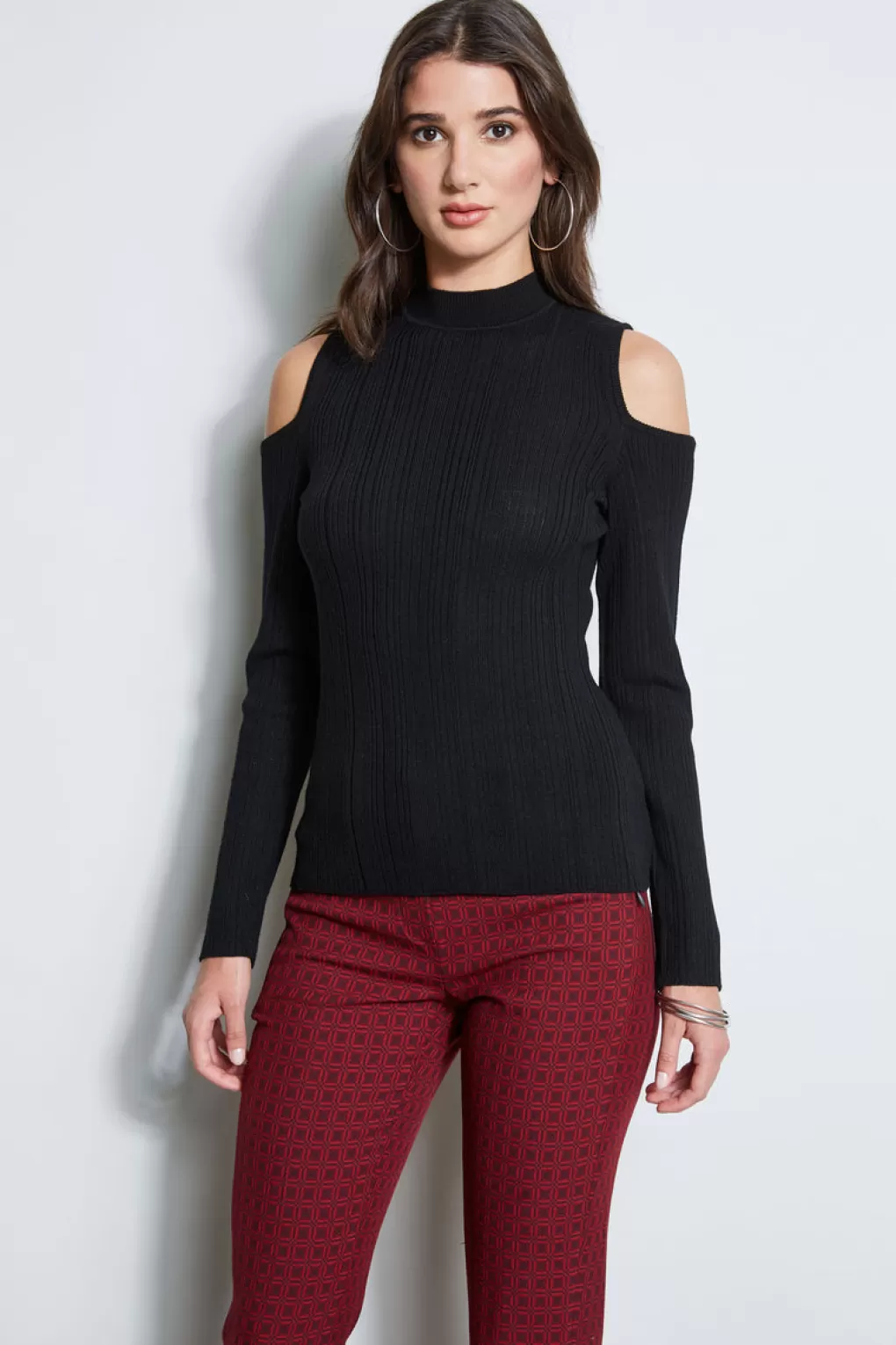 New Elie Tahari Cold Shoulder Mock Neck Sweater BLACK