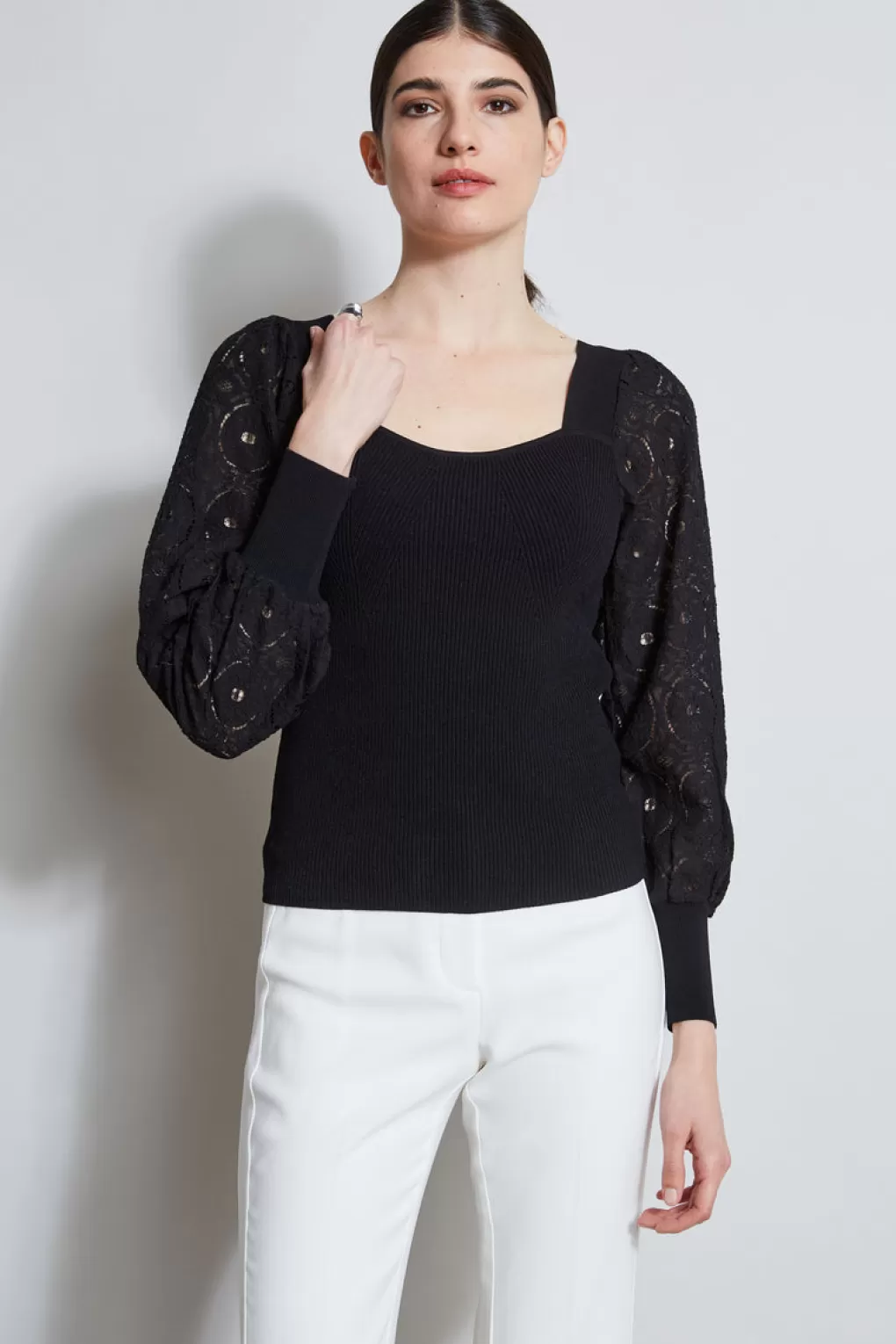 Online Elie Tahari Contour Neck Lace Sleeve Sweater NOIR