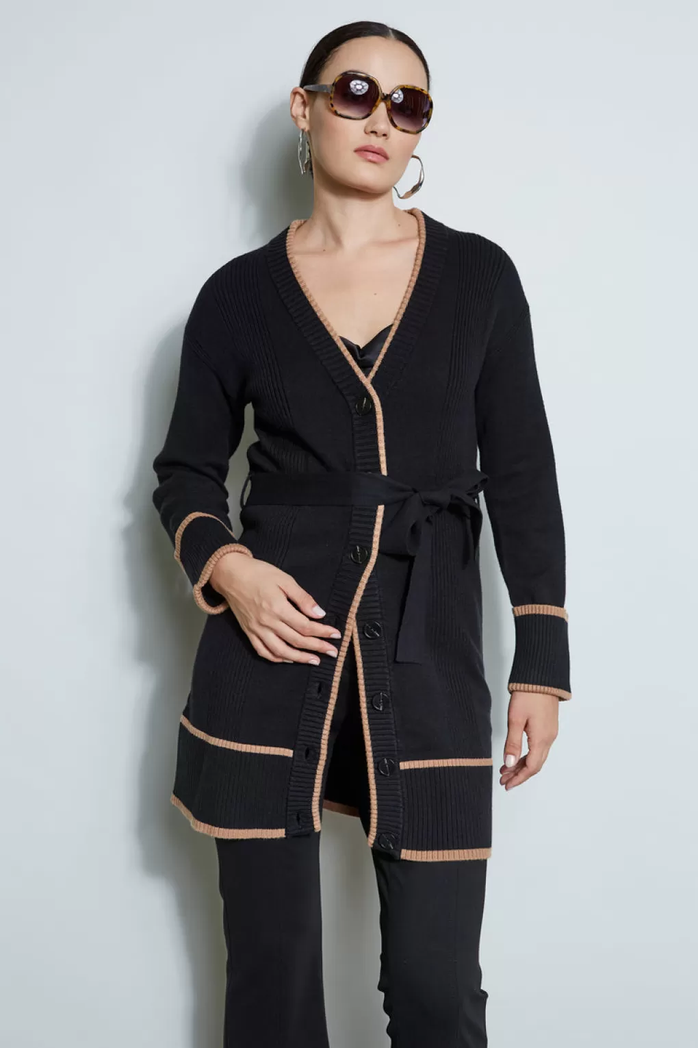 Cheap Elie Tahari Contrast Cardigan NOIR/FOSSIL