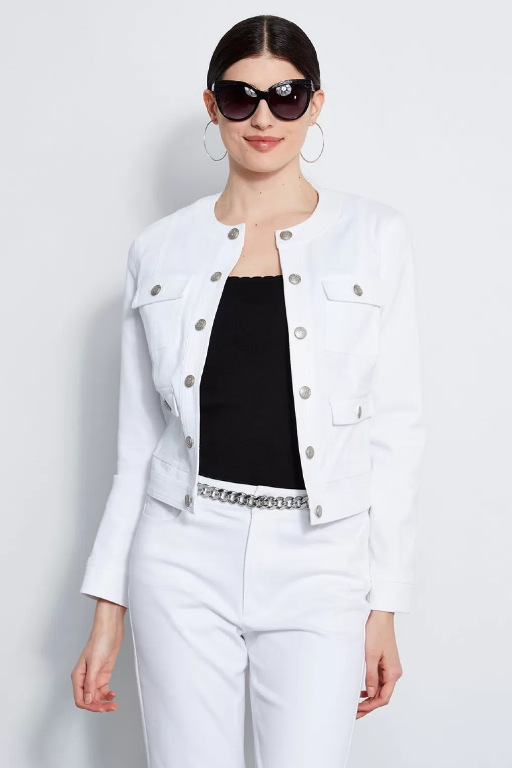 Sale Elie Tahari Crest Button Denim Jacket WHITE