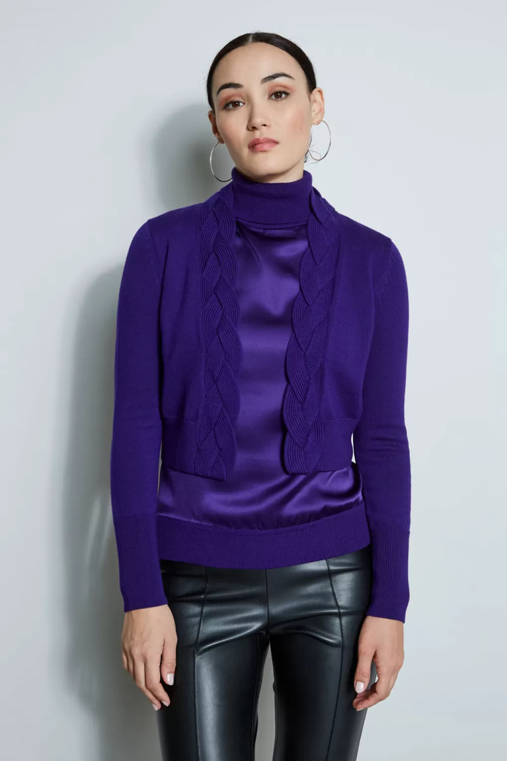 Discount Elie Tahari Cropped Cable Cardigan WINTER PLUM