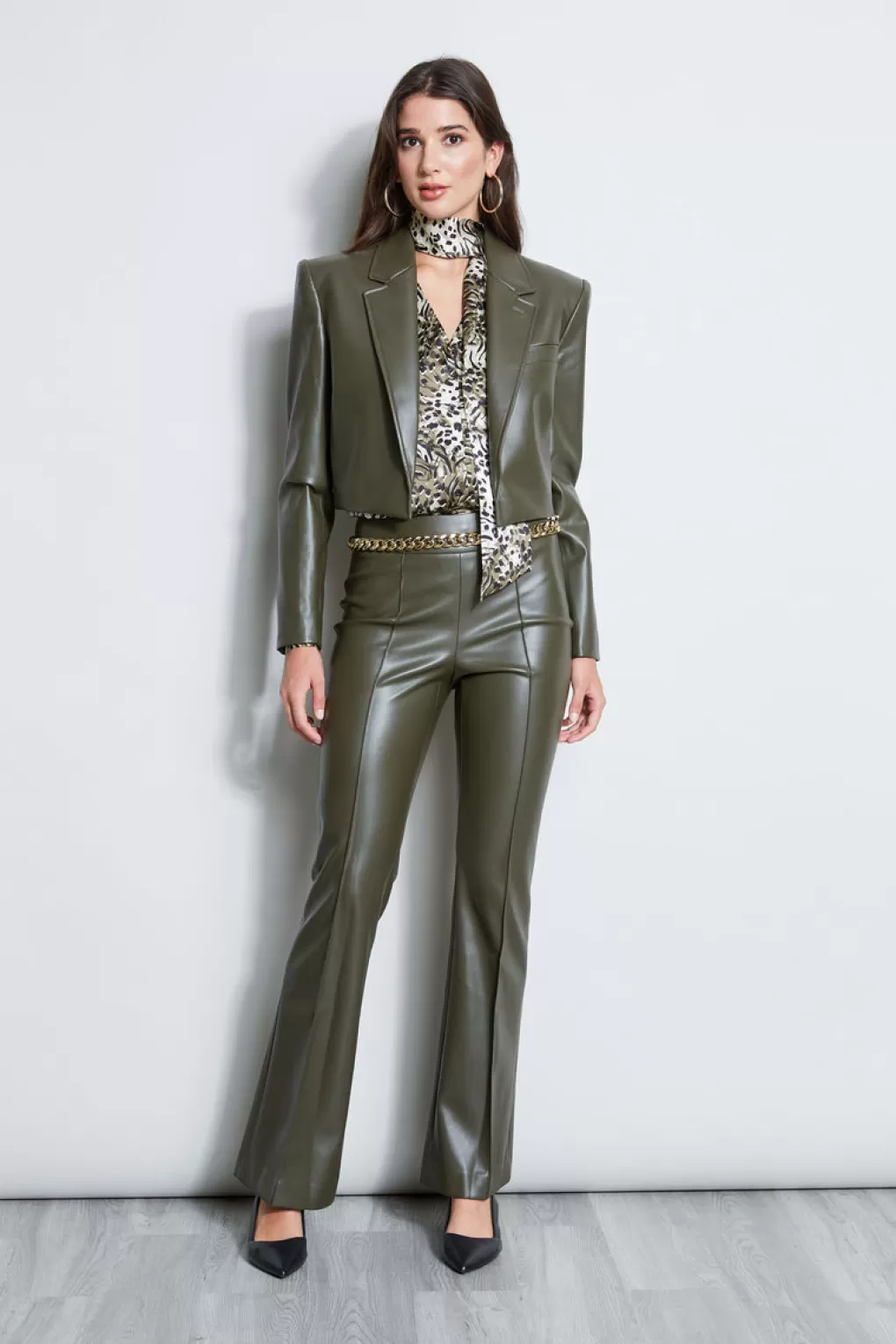 Store Elie Tahari Cropped Vegan Leather Jacket OLIVE