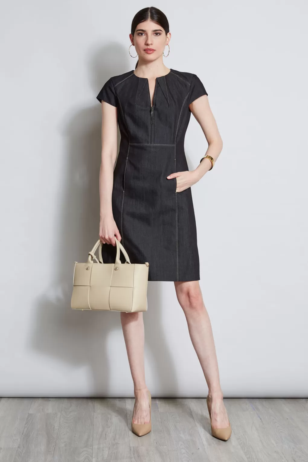 Cheap Elie Tahari Denim Fit & Flare Zip Dress BLACK