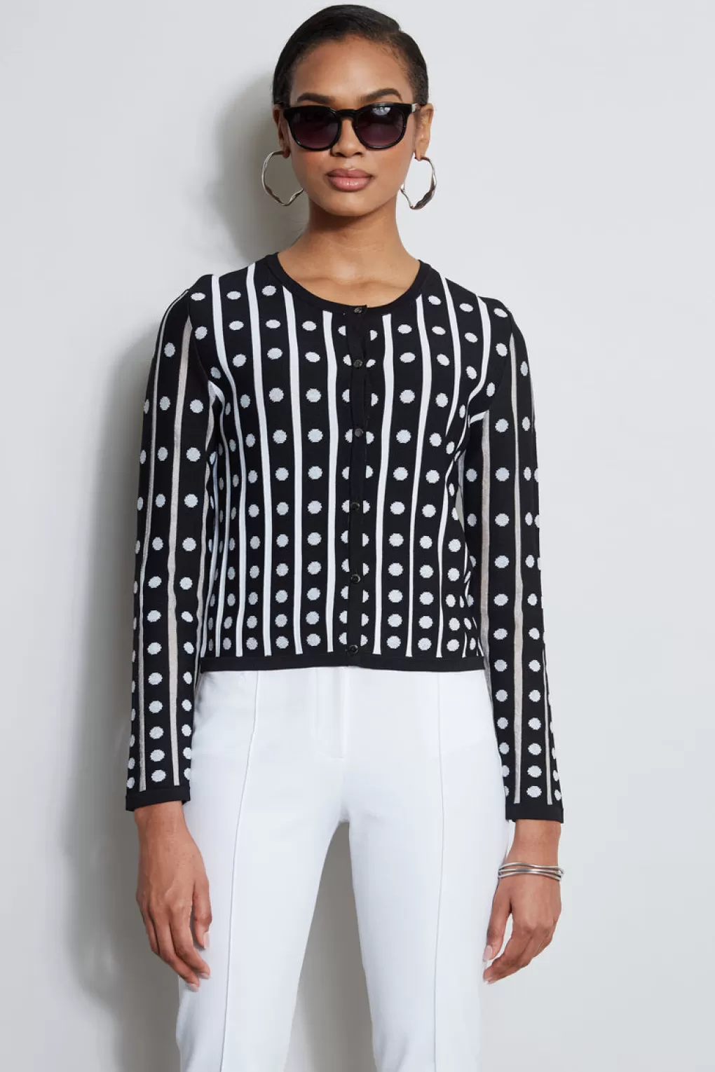 Sale Elie Tahari Dot Stripe Cardigan NOIR/WHITE