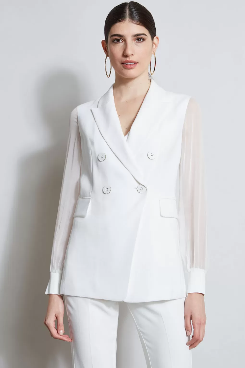 New Elie Tahari Double Breasted Chiffon Sleeve Blazer FOAM