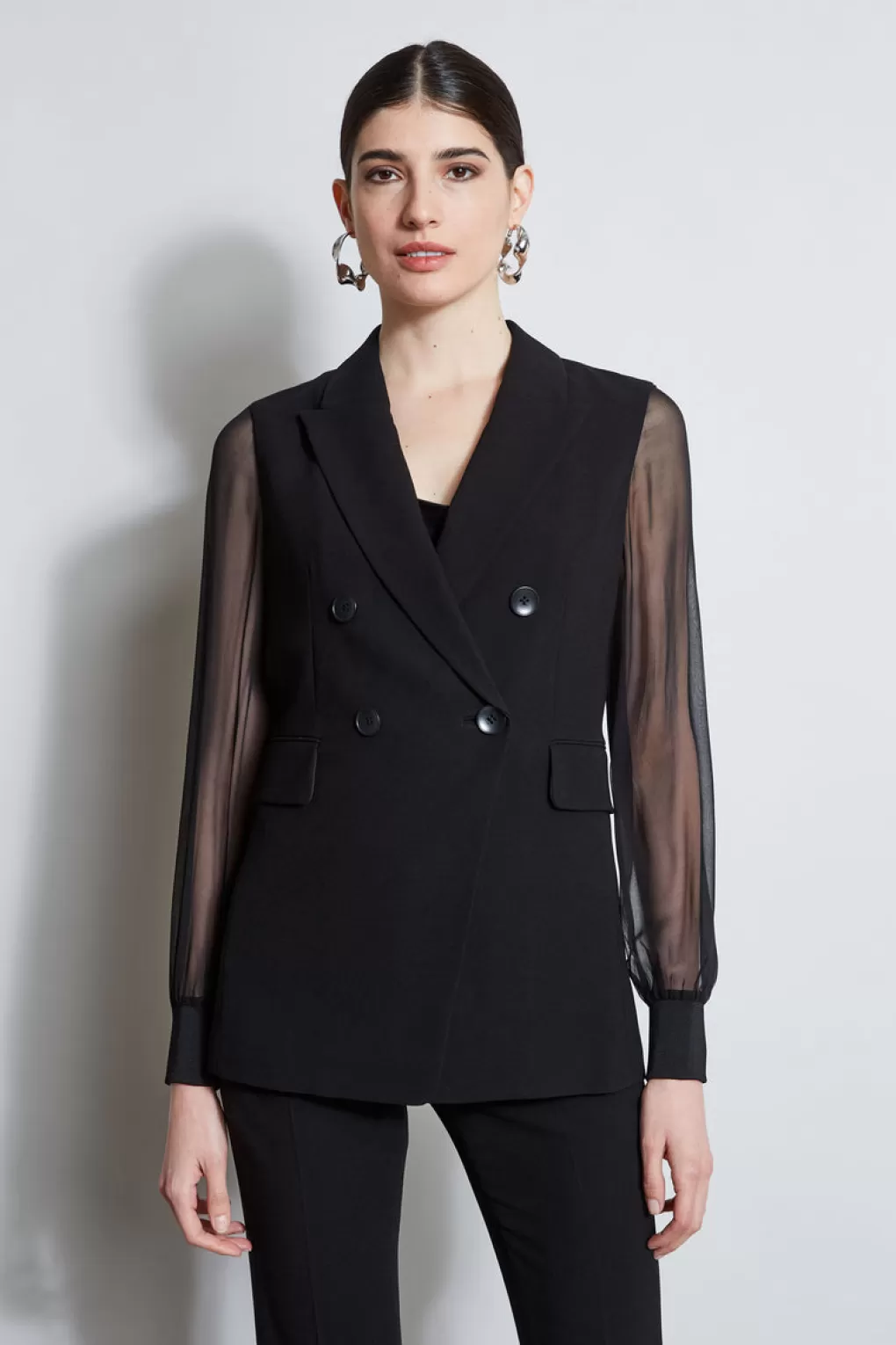 Sale Elie Tahari Double Breasted Chiffon Sleeve Blazer BLACK