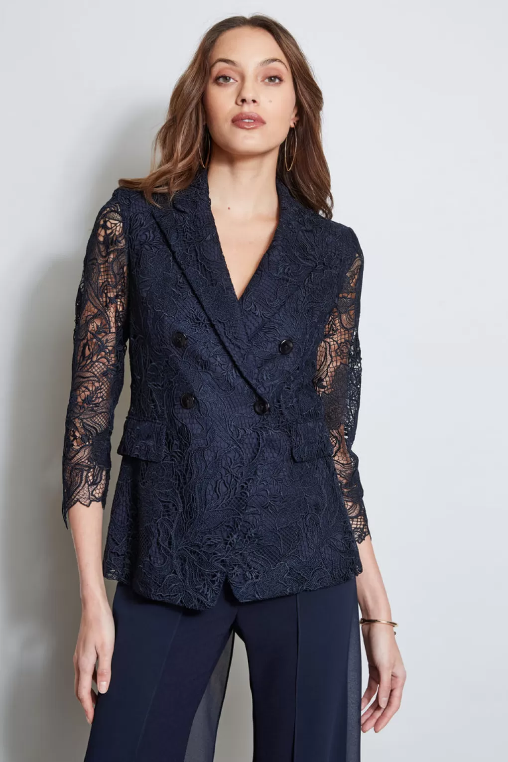 Shop Elie Tahari Double Breasted Lace Blazer STARGAZER