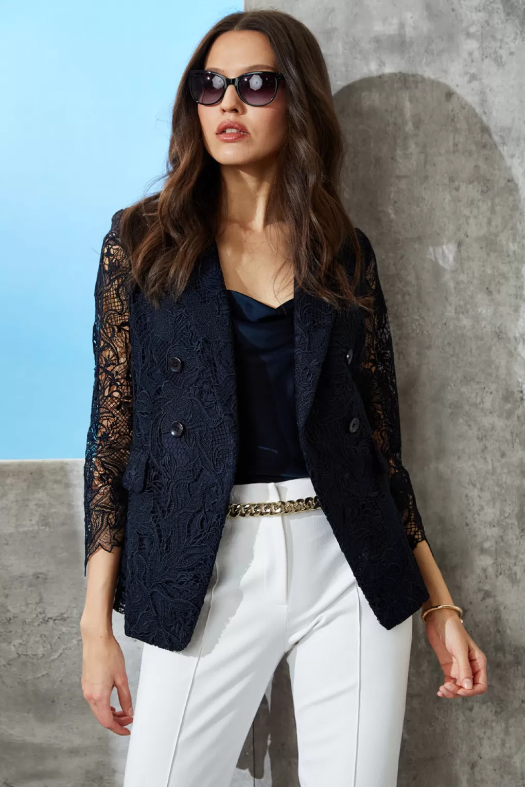 Shop Elie Tahari Double Breasted Lace Blazer STARGAZER