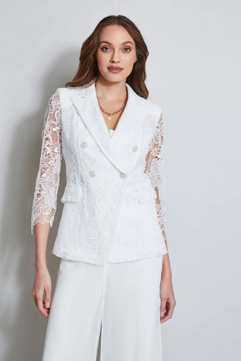 Discount Elie Tahari Double Breasted Lace Blazer FOAM