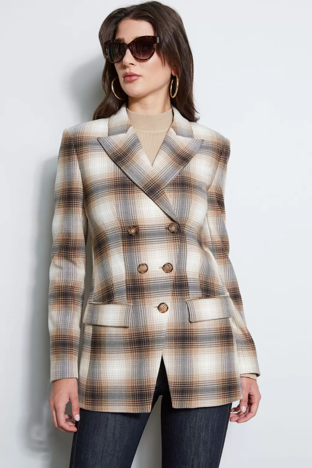 Fashion Elie Tahari Double Breasted Ombre Plaid Blazer MULTI