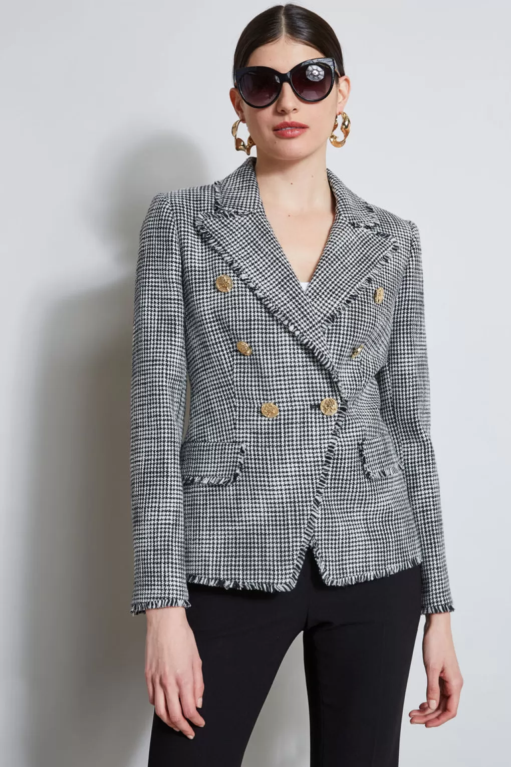 Online Elie Tahari Double Breasted Tweed Blazer BLK/WHT