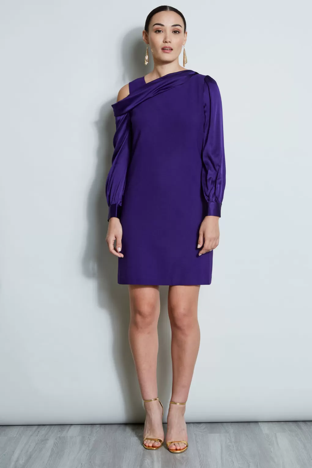 Shop Elie Tahari Draped Satin Shoulder Dress WINTER PLUM