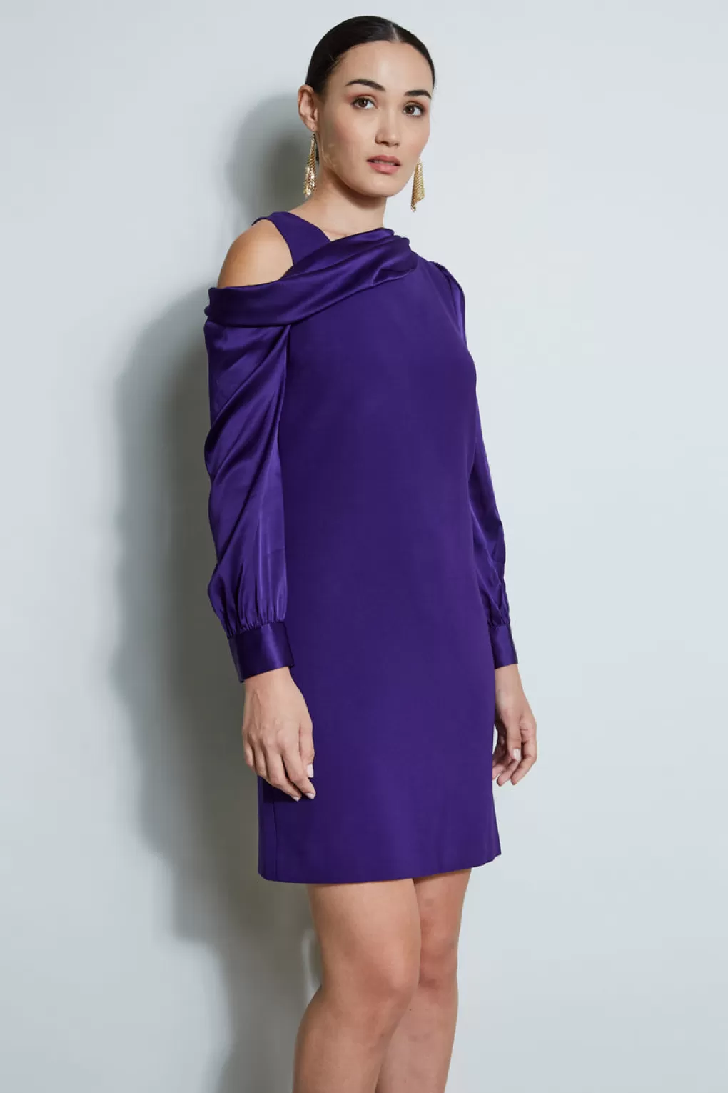 Shop Elie Tahari Draped Satin Shoulder Dress WINTER PLUM