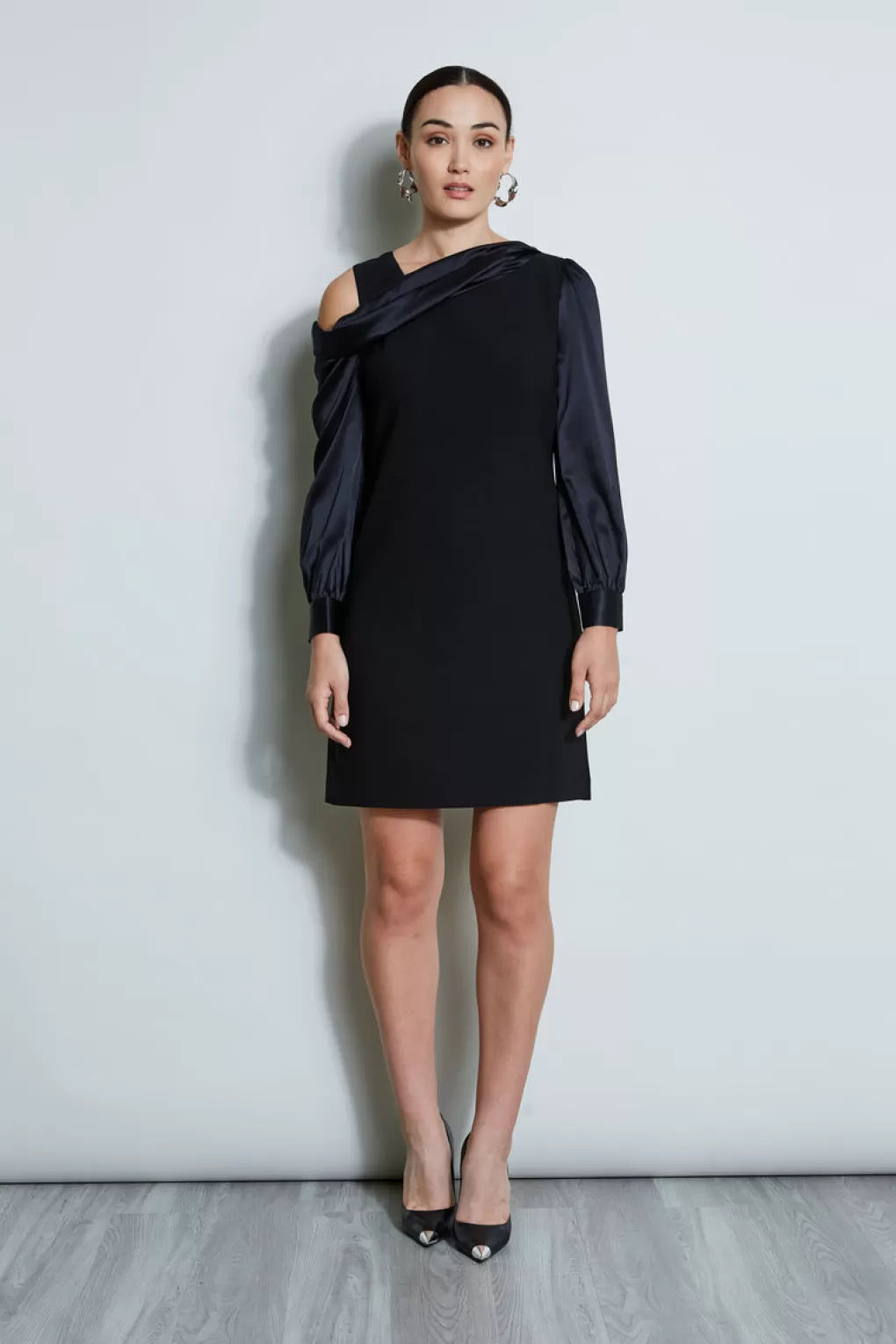 Online Elie Tahari Draped Satin Shoulder Dress BLACK