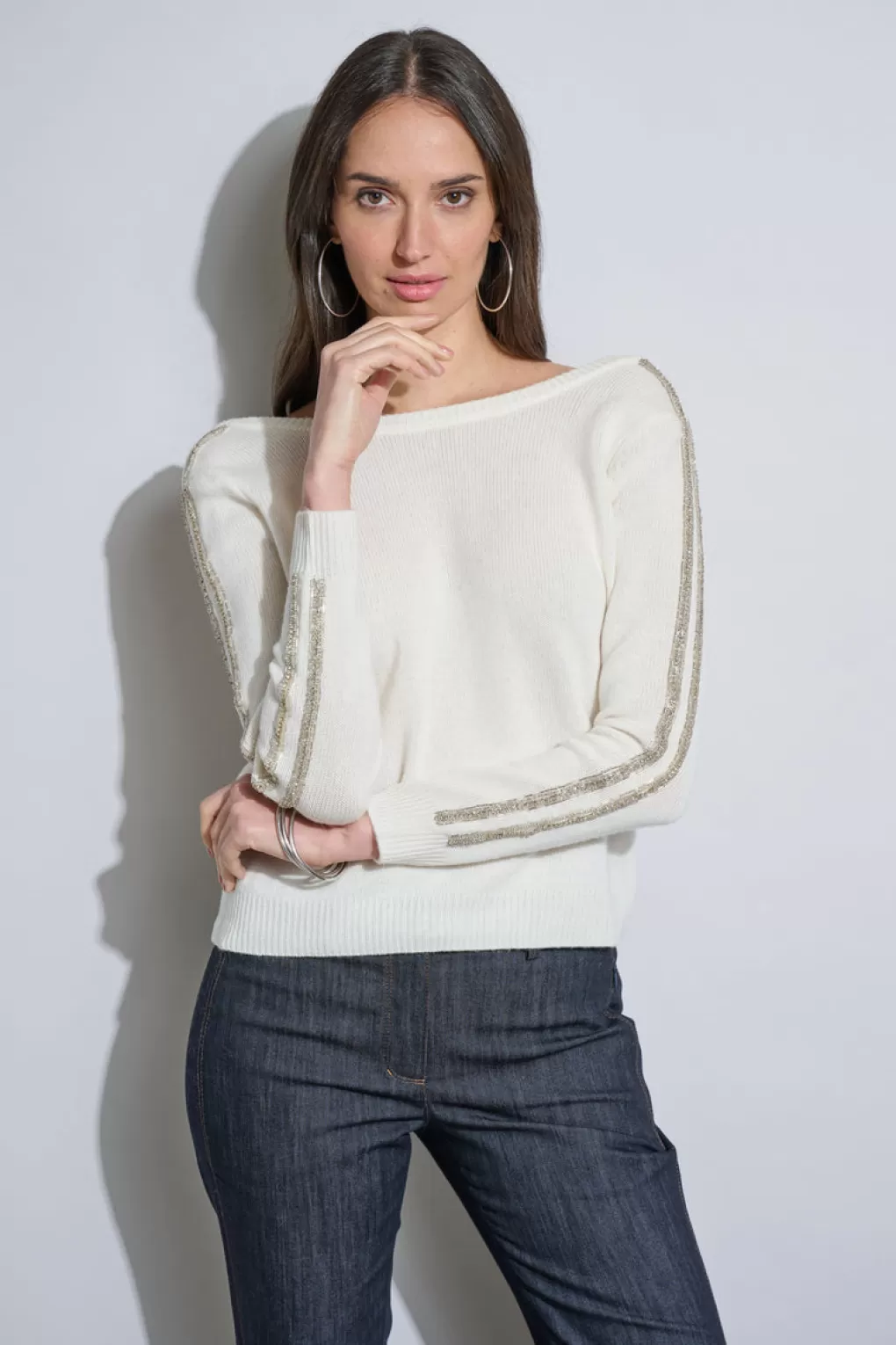 Sale Elie Tahari Embellished Merino Cashmere Sweater Sky White