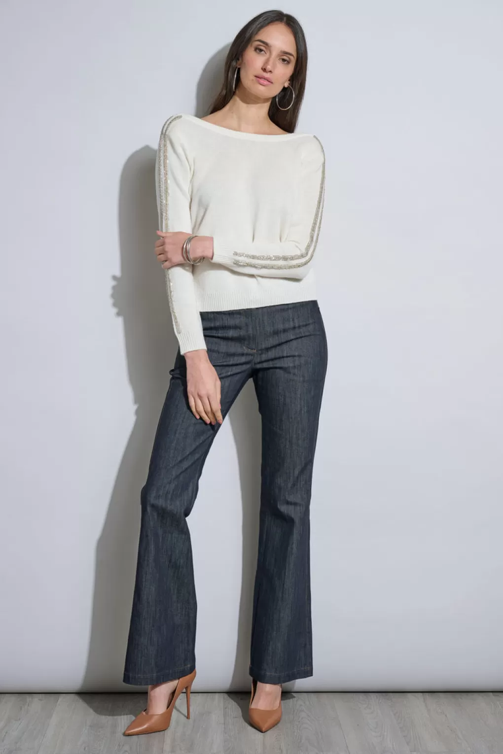 Sale Elie Tahari Embellished Merino Cashmere Sweater Sky White