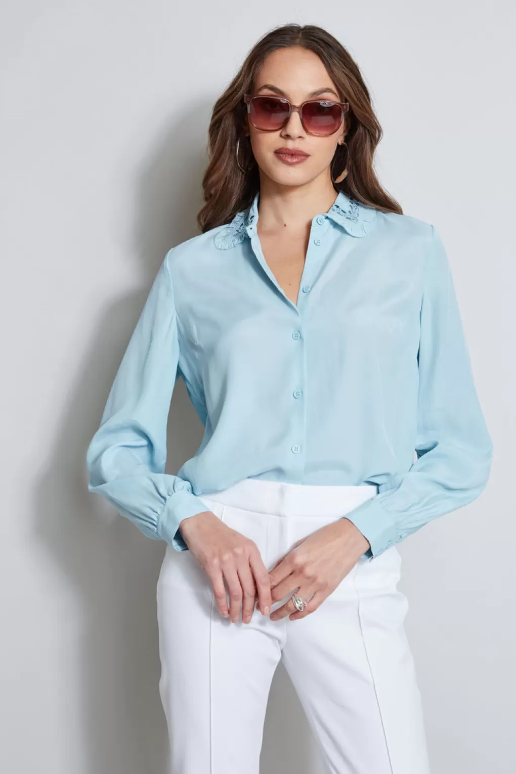 Fashion Elie Tahari Embroidered Collar Shirt SKY LIGHT