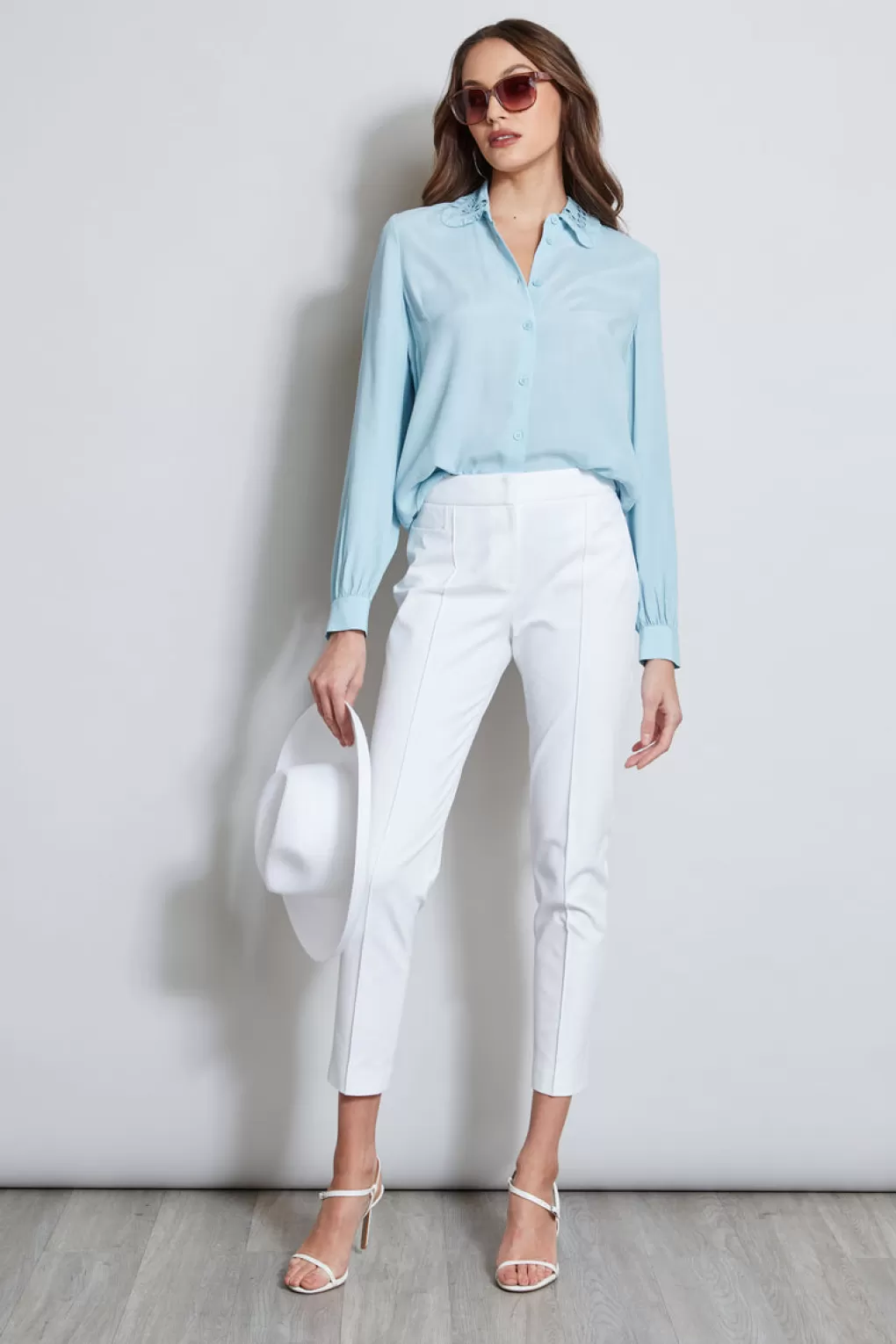 Fashion Elie Tahari Embroidered Collar Shirt SKY LIGHT