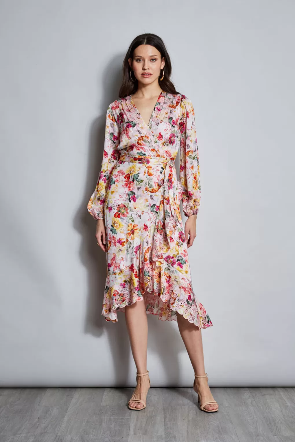 Clearance Elie Tahari Embroidered Floral Wrap Dress WONDERLAND PRINT