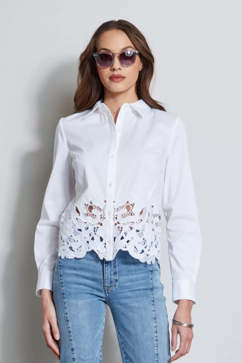 Cheap Elie Tahari Embroidered Hem Cotton Shirt WHITE