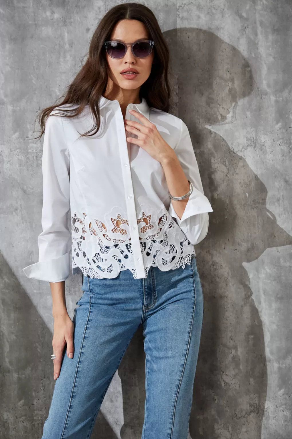 Cheap Elie Tahari Embroidered Hem Cotton Shirt WHITE