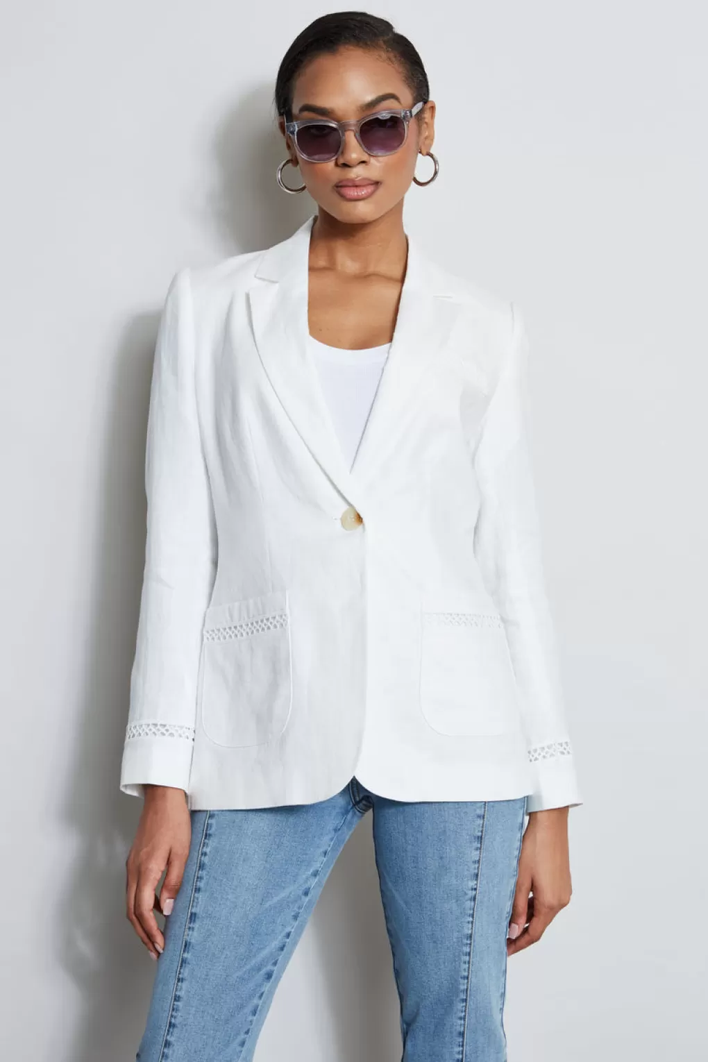 Fashion Elie Tahari Embroidered Linen Blazer Sky White