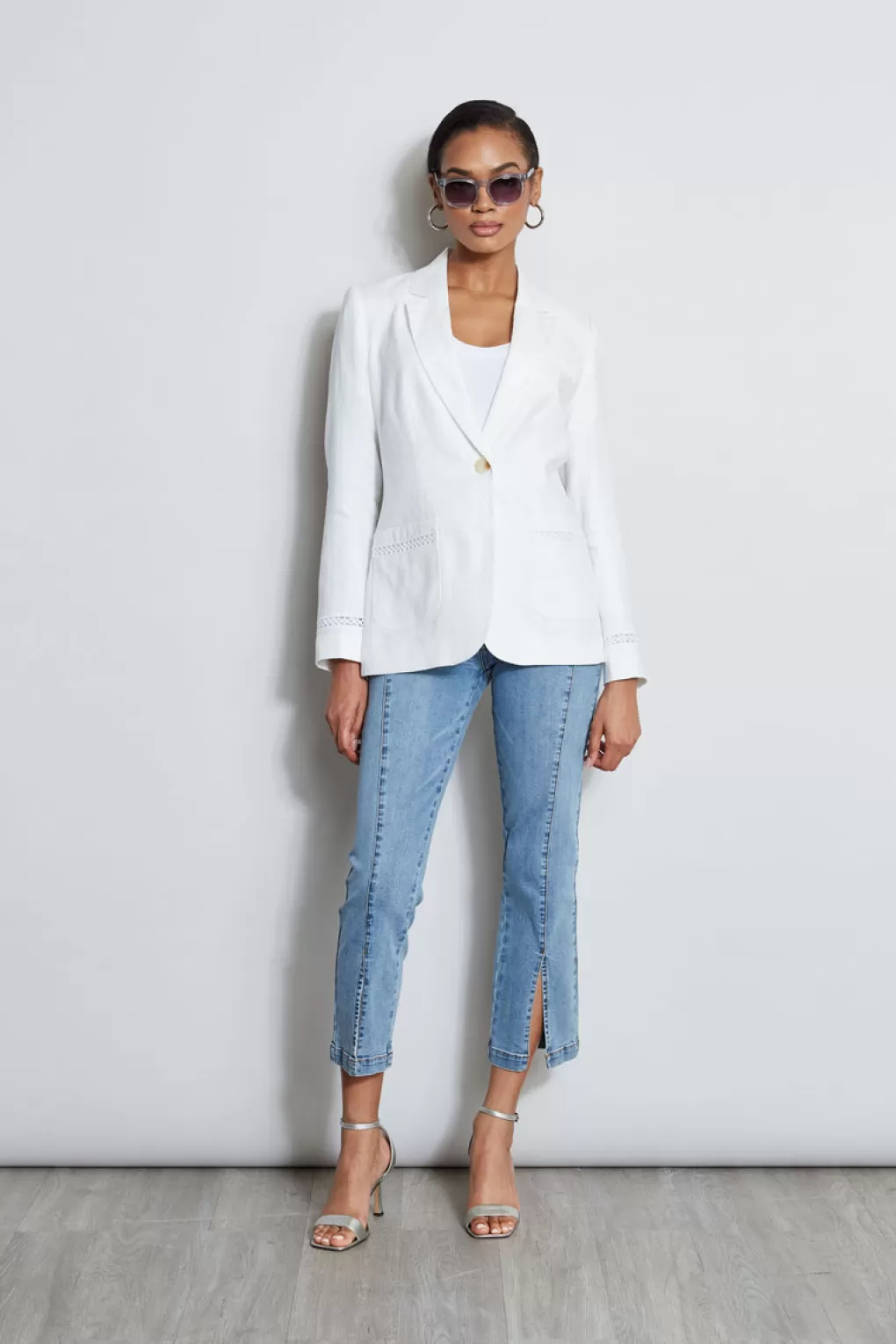 Fashion Elie Tahari Embroidered Linen Blazer Sky White