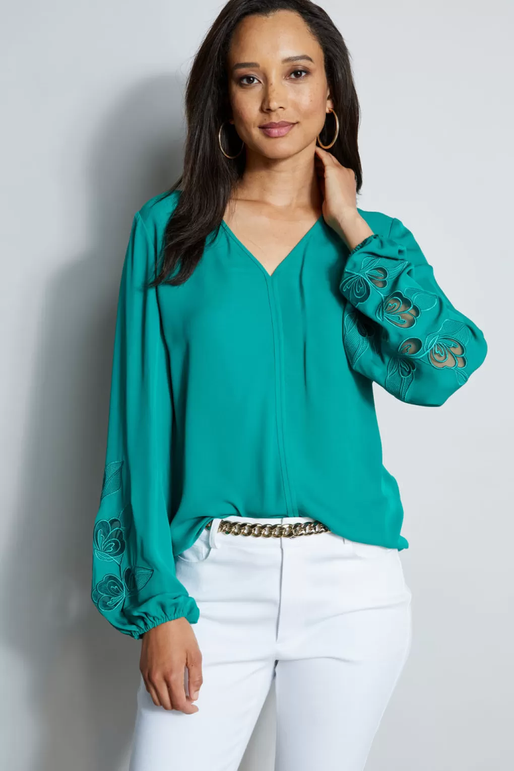 Outlet Elie Tahari Embroidered Long Sleeve Shirt TAHITI GREEN