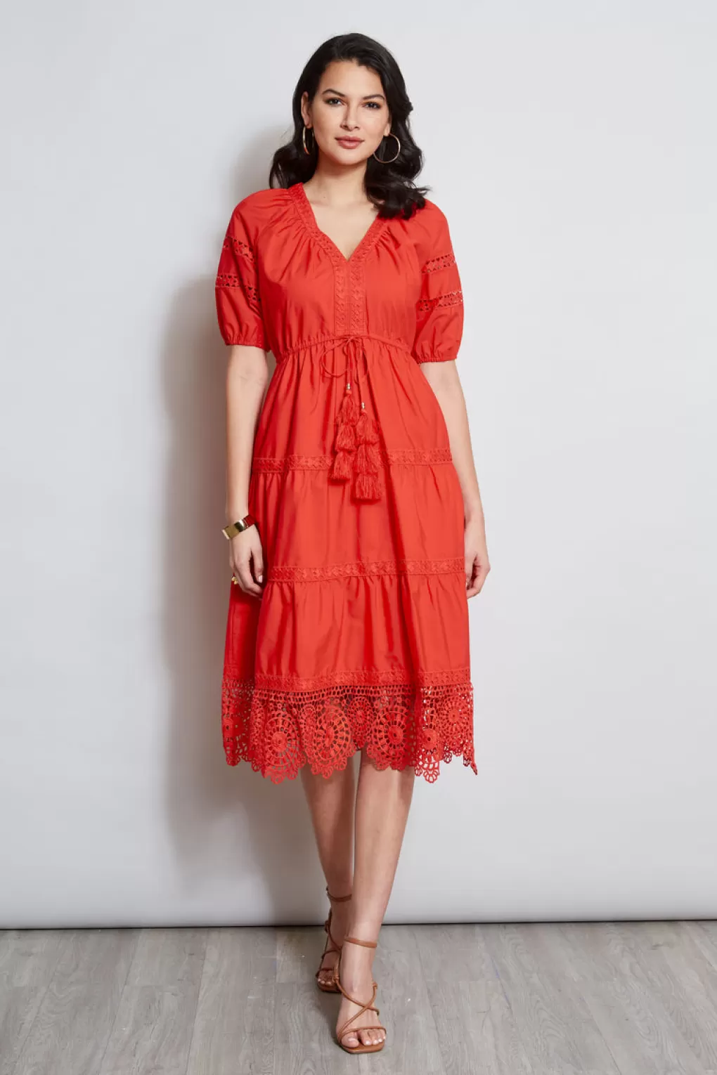 Clearance Elie Tahari Embroidered Short Sleeve Dress CAYENNE