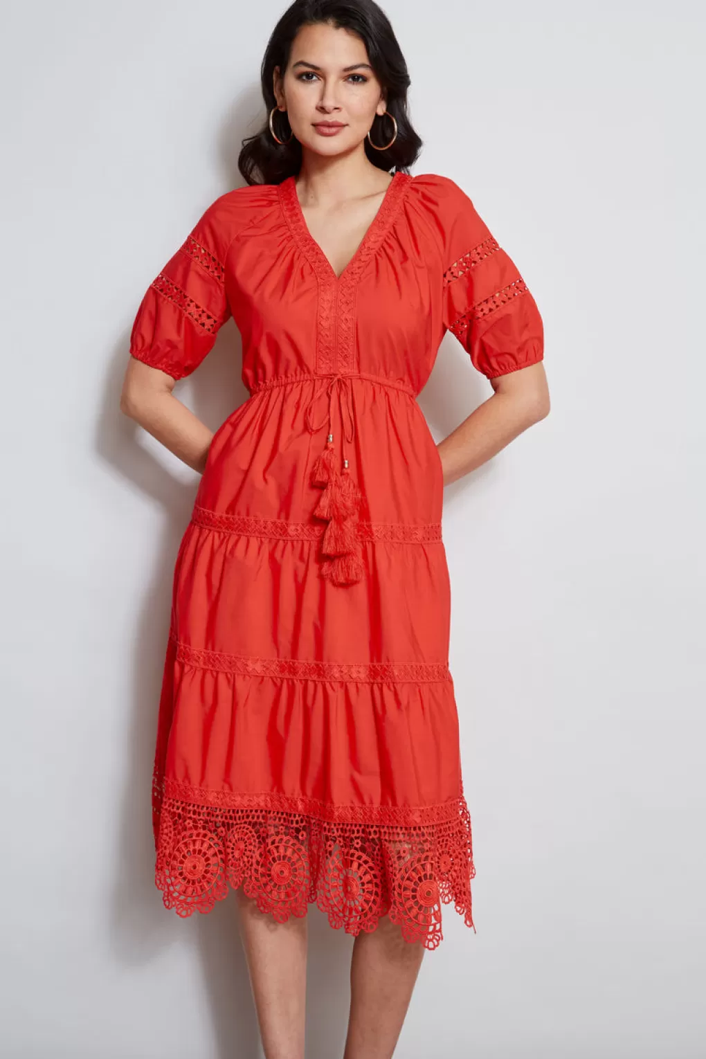 Clearance Elie Tahari Embroidered Short Sleeve Dress CAYENNE