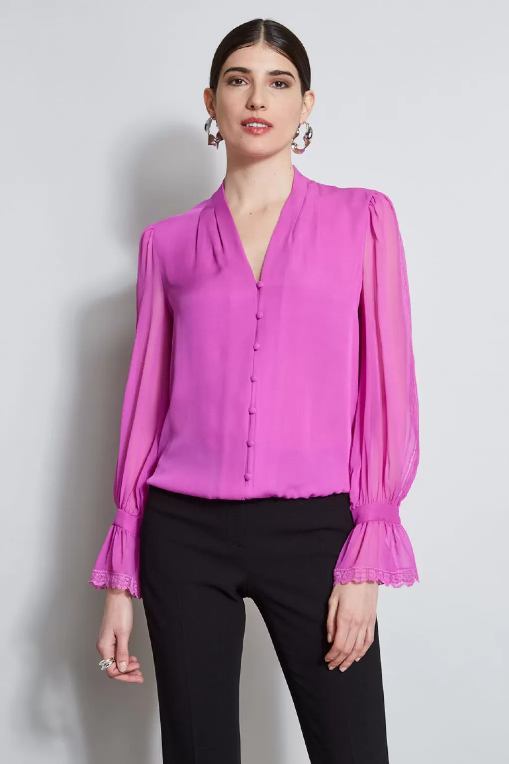 Outlet Elie Tahari Embroidered Sleeve Blouson Shirt PEONY