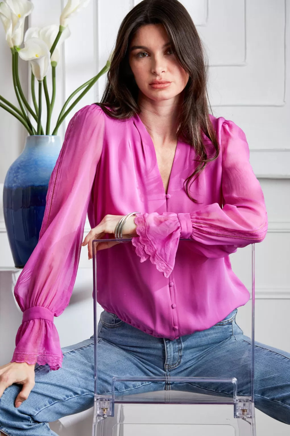 Outlet Elie Tahari Embroidered Sleeve Blouson Shirt PEONY