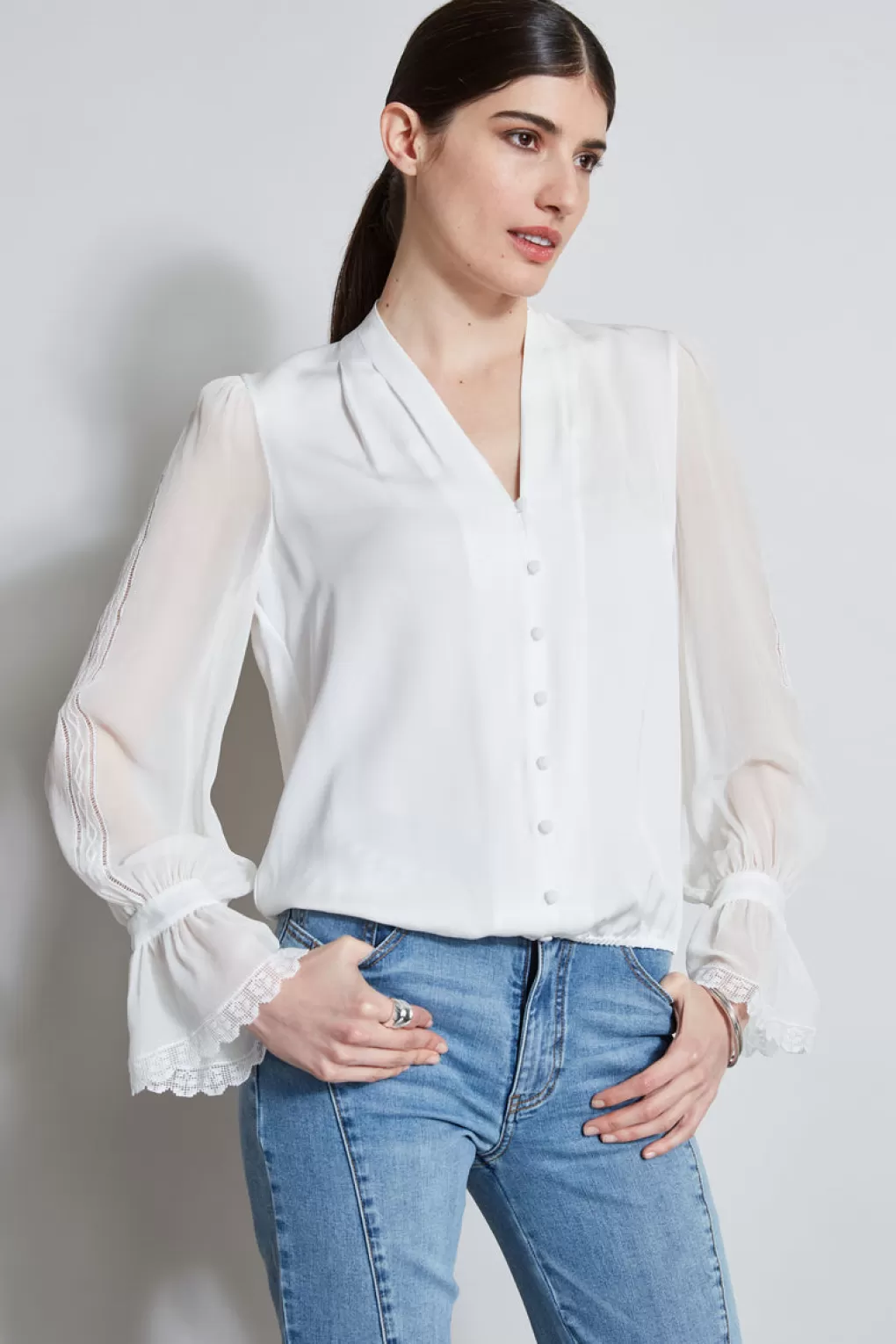 Best Elie Tahari Embroidered Sleeve Blouson Shirt FRESH PEARL