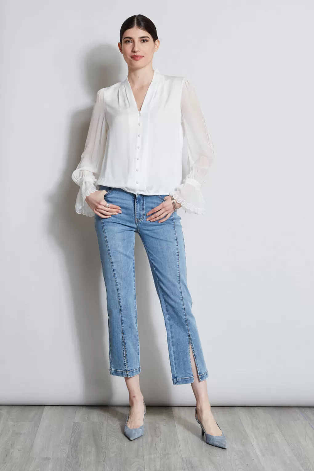 Best Elie Tahari Embroidered Sleeve Blouson Shirt FRESH PEARL