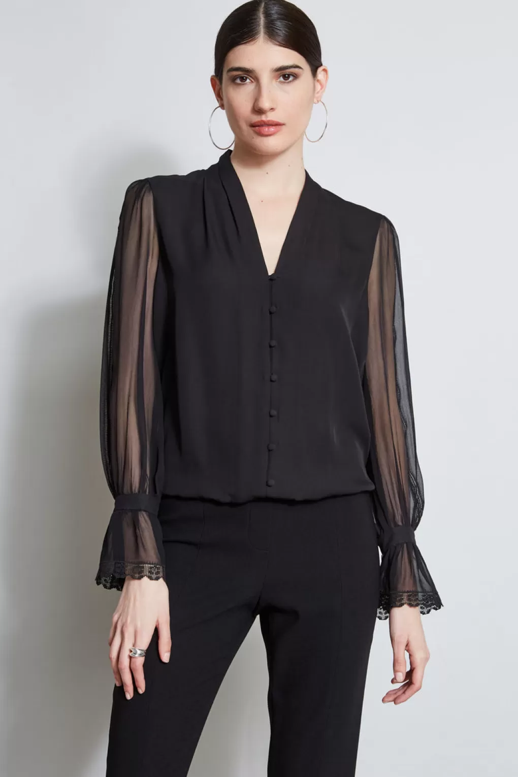 Hot Elie Tahari Embroidered Sleeve Blouson Shirt BLACK