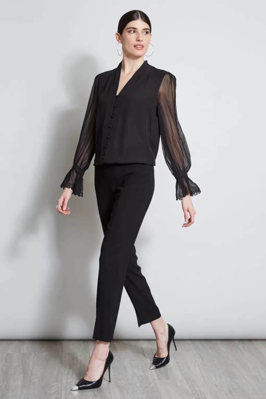 Hot Elie Tahari Embroidered Sleeve Blouson Shirt BLACK