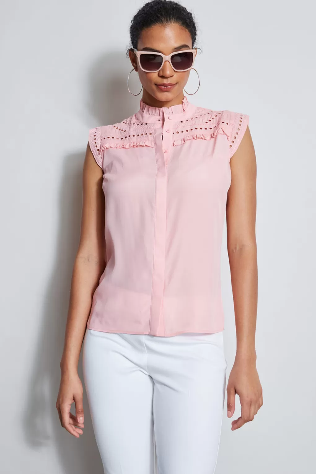 Store Elie Tahari Embroidered Sleeveless Shirt TAILOR PINK