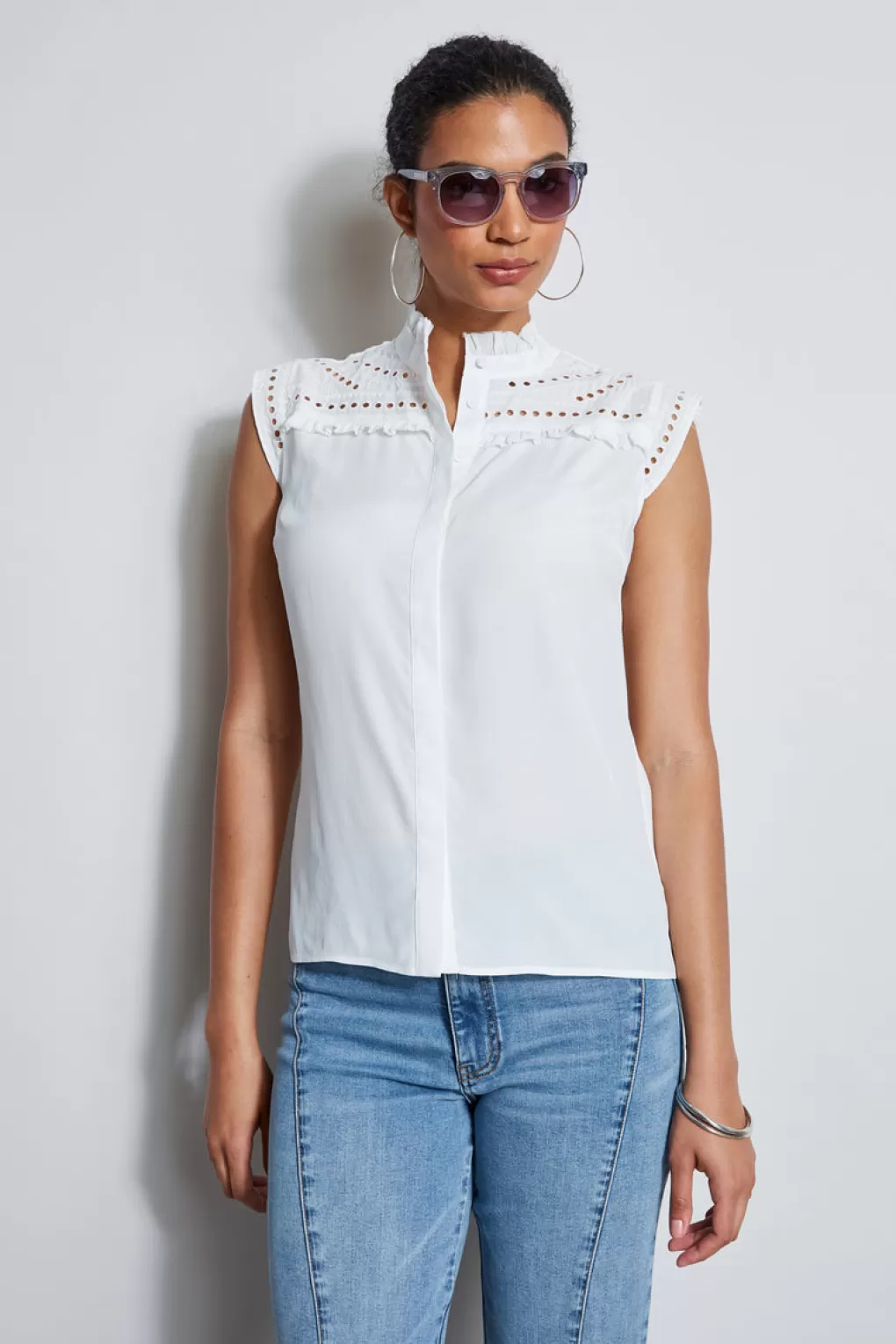 Online Elie Tahari Embroidered Sleeveless Shirt Sky White